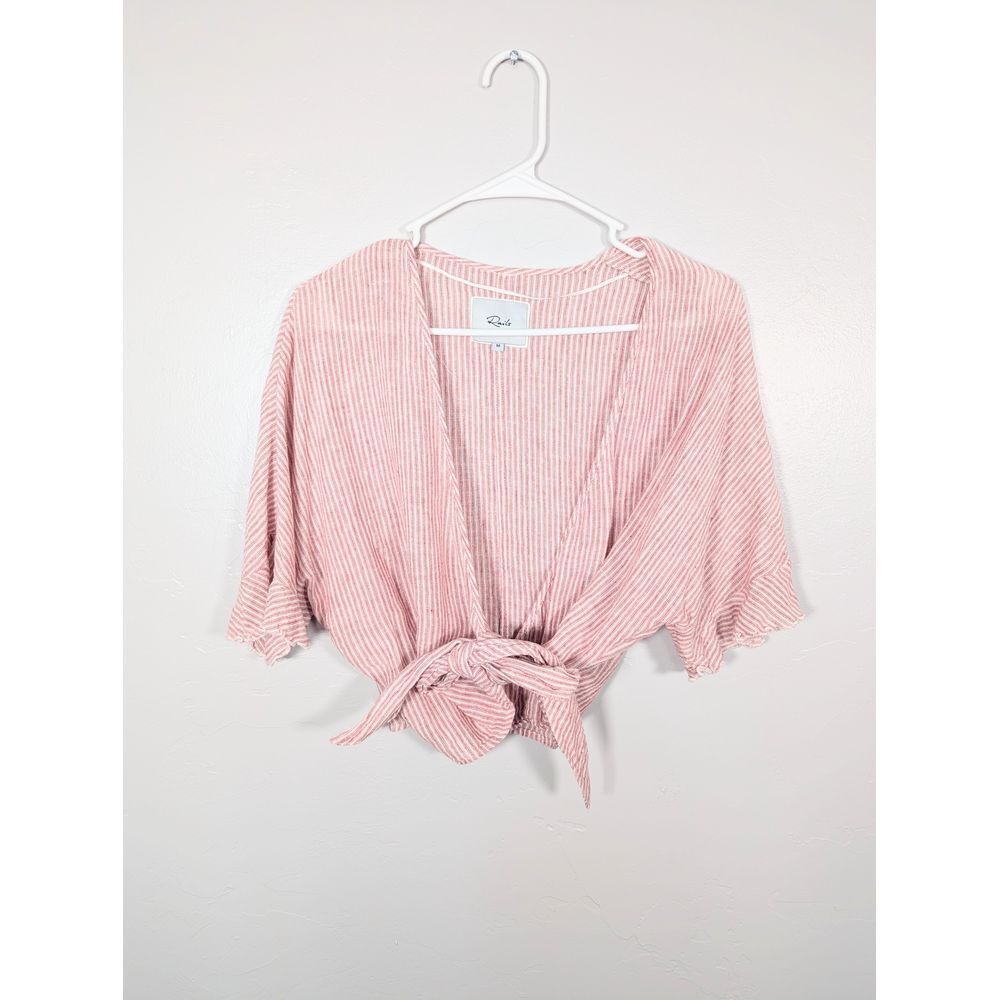 Rails Athena Stripe Wrap Top M Linen Blend Beachy Coquette Pink Vacation Resort